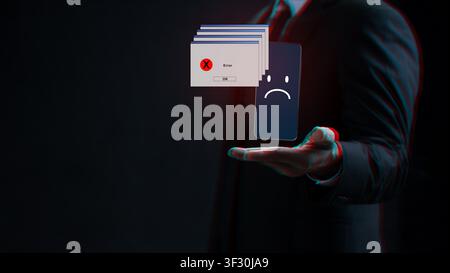 Businessman holding a smartphone with multiple error message windows and a sad face emoji on the screen. Digital glitch background representing system Stock Photo
