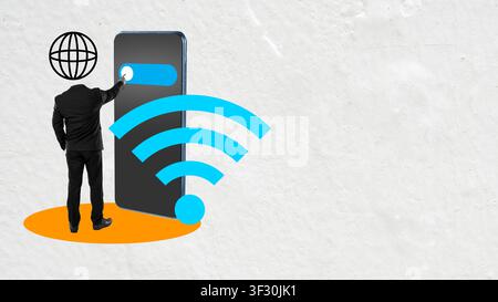 A surreal concept image of a businessman with a globe head activating a Wi-Fi connection on a giant smartphone. Represents global networking, internet Stock Photo