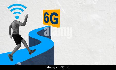 A creative collage representing the race to the future of 6G technology. A man with a wifi symbol for a head runs towards a sign representing 6G on a Stock Photo