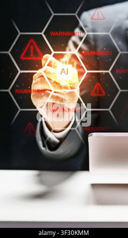 A professional man interacts with a digital screen displaying AI chip icons surrounded by red warning signs and error messages, highlighting risks and Stock Photo