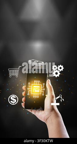 A hand holding a smartphone featuring glowing digital icons for e-commerce, finance, and automation, representing modern mobile business solutions and Stock Photo