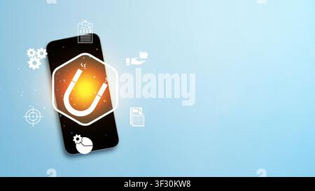 A smartphone displaying a glowing magnet icon, symbolizing lead generation and customer attraction in digital marketing, surrounded by business and st Stock Photo
