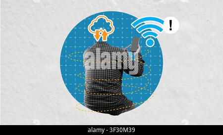 Modern digital collage of a man using a smartphone, facing issues with Wi-Fi connection and cloud data synchronization, set against a textured blue an Stock Photo