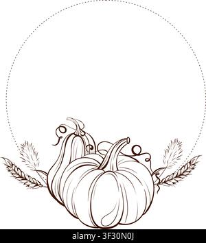 Harvest vector frame black and white fine line drawing, round botanical border with pumpkin and wheat for labels, invitations and seasonal branding Stock Vector