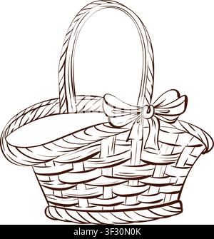 Basket vector illustration black and white fine line drawing, wicker basket with bow for harvest branding, bakery packaging and rustic autumn design Stock Vector