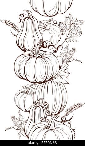 Harvest seamless vector border black and white fine line drawing, vertical botanical design with pumpkins, cotton, wheat and foliage for candles and Stock Vector