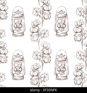 Lantern seamless vector pattern black and white fine line drawing, vintage light with cotton botanical background for wrapping paper and stationery Stock Vector