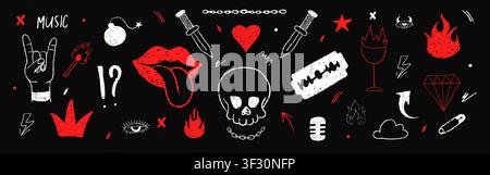 Hand drawn red emo art. Charcoal skulls. Chalk smudge textures and gothic punk chaos. Vector rock music collage on black background Stock Vector