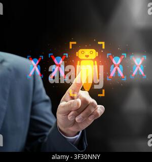 Conceptual image of a businessman's hand choosing a glowing robot icon over crossed-out human silhouettes, representing artificial intelligence replac Stock Photo
