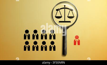 Conceptual image showing a magnifying glass over scales of justice, with black people icons and one red icon representing legal investigation, discrim Stock Photo