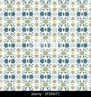A seamless geometric pattern inspired by Islamic art and architecture featuring decorative interlocking shapes in muted blue-gray, olive green, and wh Stock Photo