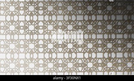 High-quality 3D render of an intricate Islamic geometric pattern with a grainy stone texture. Elegant architectural screen design with subtle lighting Stock Photo