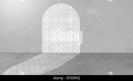 Minimalist industrial interior featuring sunlight streaming through arched windows, casting shadows on a textured grey concrete wall and floor. Ideal Stock Photo