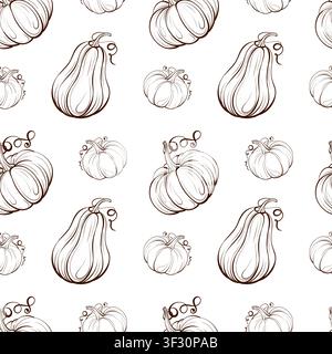 Pumpkin seamless vector pattern black and white fine line drawing, assorted harvest squash background for wrapping paper, stationery and textile Stock Vector