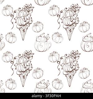 Dessert seamless vector pattern black and white fine line drawing, pumpkin ice cream and mug background for bakery packaging, menus and seasonal Stock Vector