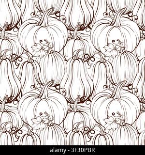 Pumpkin seamless vector pattern black and white fine line drawing, dense assorted harvest squash background for wrapping paper, textile and seasonal Stock Vector