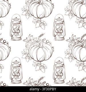 Harvest seamless vector pattern black and white fine line drawing, pumpkin, lantern and acorns botanical background for seasonal packaging and Stock Vector