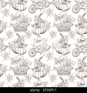 Harvest seamless vector pattern black and white fine line drawing, wagon, basket and pumpkins with botanical elements for notebooks, planners and Stock Vector