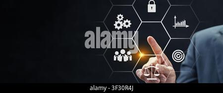 A businessman interacts with a digital interface showing icons for law, teamwork, processes, security, and growth. Concept of corporate strategy, mana Stock Photo
