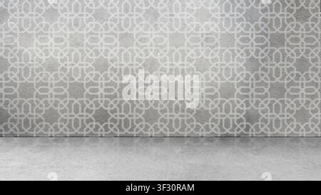 A professional studio background featuring an empty room with a light gray concrete floor and a wall decorated with an intricate white geometric patte Stock Photo