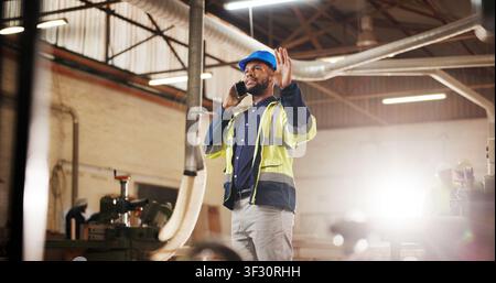 Phone call, black man and construction worker on site with communication, feedback or update on repairs. Cellphone, talking and civil engineer on Stock Photo