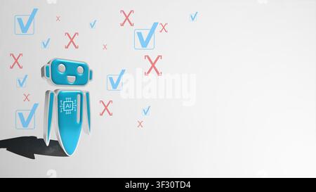 Blue artificial intelligence robot icon surrounded by floating blue checkmarks and red cross symbols on a white background, automated decision-making, Stock Photo