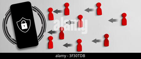 Conceptual image featuring a smartphone with a padlock shield icon surrounded by red person figures and arrows, representing data security, privacy, a Stock Photo