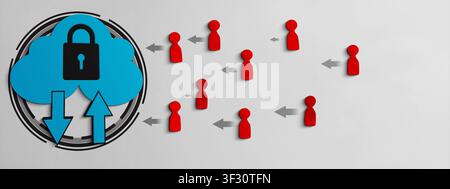 A conceptual illustration showing a secure blue cloud with a padlock. Red human icons and arrows signify data transfer and user access to a protected Stock Photo