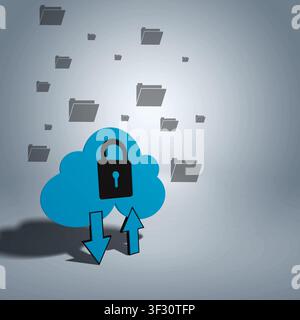 Blue cloud with a padlock, featuring upload and download arrows. Grey file folders float in the background, representing secure data storage, cloud co Stock Photo