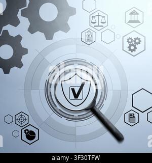 A conceptual image featuring a magnifying glass focused on a shield with a checkmark, surrounded by icons of gears, scales, and business charts, repre Stock Photo