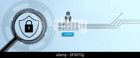 Conceptual illustration of cybersecurity featuring a magnifying glass over a shield with a padlock icon, alongside a user login form with username and Stock Photo