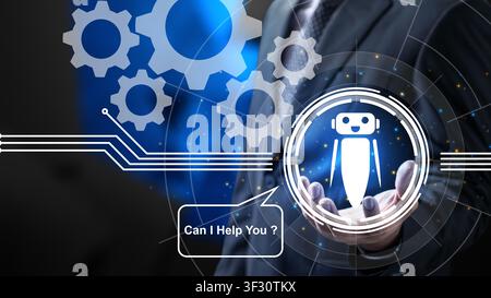 Businessman in a suit holding a virtual chatbot interface with 'Can I Help You?' text. Image of AI customer support, digital automation, and virtual a Stock Photo