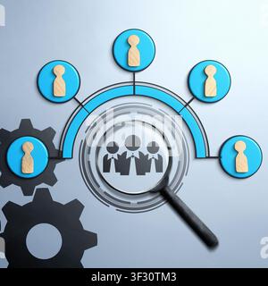 A conceptual image for HR and recruitment showing a magnifying glass over business icons, surrounded by wooden figures and gears, symbolizing the sear Stock Photo