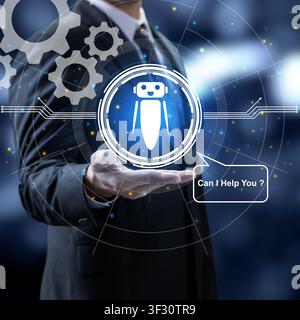 Businessman in a suit holding a virtual chatbot interface with 'Can I Help You?' text. Image of AI customer support, digital automation, and virtual a Stock Photo