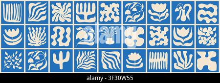Blue tile collection with abstract botanical icons and organic shape composition. Minimal geometric floral elements create a playful grid for modern Stock Vector