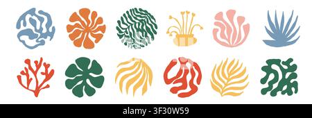 Modern organic shape botanical icons with abstract floral silhouettes and decorative leaves. Minimal colorful illustration set is perfect for logos Stock Vector