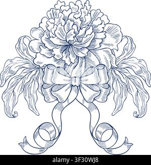 A bouquet of peonies with a bow. Vector, graphic illustration in blue. Hand-drawn. On a white background. For designing postcards, invitations, and Stock Vector