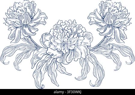 Peony flowers. Vector, graphic illustration in blue. Hand-drawn. On a white background. For designing postcards, invitations, greetings, and weddings Stock Vector