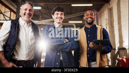 Happy, men and portrait of carpenters in workshop with confidence for manufacturing industry. Crossed arms, flare and team of wood workers with pride Stock Photo