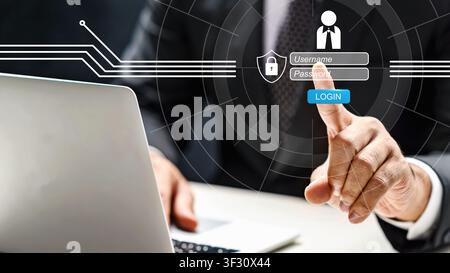 A businessman in a suit interacts with a digital login interface overlay featuring username and password fields. Cybersecurity, secure data authentica Stock Photo