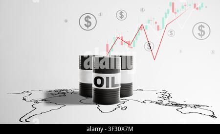 Conceptual image of oil barrels on a world map with a fluctuating stock market graph and dollar signs, illustrating global energy trade, price volatil Stock Photo