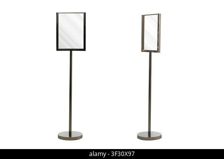 Professional floor-standing metallic sign holders with circular bases and empty white frames for menus or directional information, isolated on white b Stock Photo