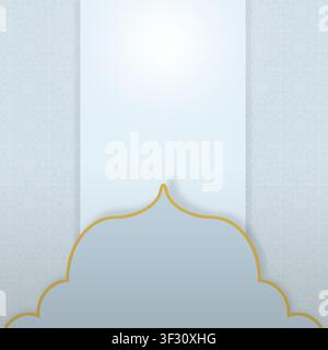A clean, minimalist Islamic background template featuring light blue geometric patterns, a central white panel for text, and an elegant gold-bordered Stock Photo