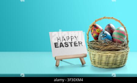 A bright and colorful studio shot featuring a basket full of decorated Easter eggs. Beside the basket is a small easel displaying a sign that reads "H Stock Photo