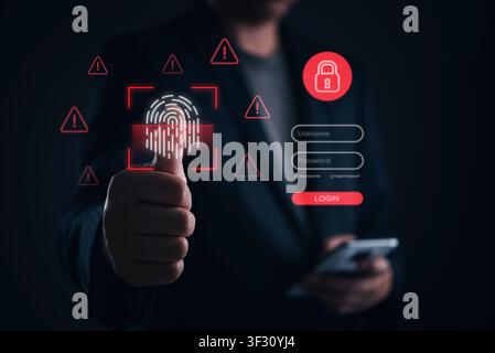Businessman using smartphone with red fingerprint scanner and warning icons. Concept of cybersecurity threat, unauthorized access denied, biometric au Stock Photo