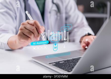 Doctor using laptop and stylus pen with AI assistant robot hologram. Concept of artificial intelligence in healthcare, telemedicine consultation, smar Stock Photo