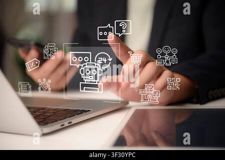 Businessman touching virtual interface with AI chatbot icon. Concept of artificial intelligence for customer service support, automated communication, Stock Photo