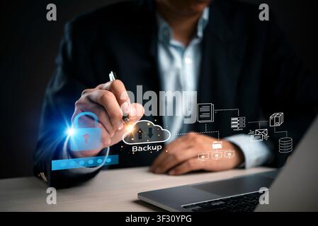 Businessman touching virtual cloud backup and password padlock hologram. Concept of digital data security, network storage infrastructure, cybersecuri Stock Photo
