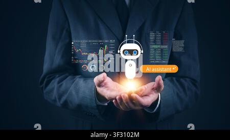 Businessman holding virtual AI robot assistant hologram with financial stock market trading charts. Concept of fintech automated trading bot, artifici Stock Photo