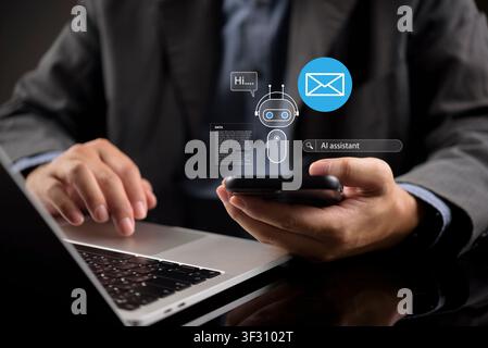 Businessman using laptop and smartphone with virtual AI assistant and email hologram. Concept of artificial intelligence for automated chat, smart bus Stock Photo
